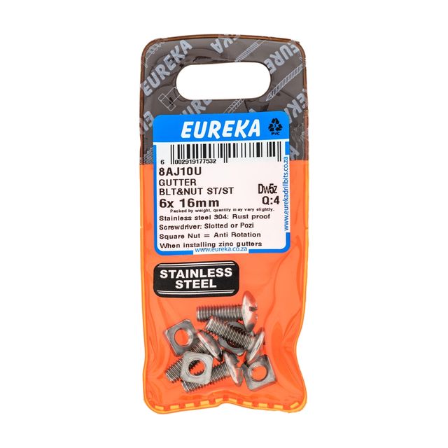 Gutter Blt&nut St/st 6X 16mm